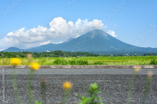 Bild auf Leinwand 鳥取県伯耆町のアスファルト道路越しに望む雄大な夏の伯耆大山と田園風景/Majestic Summer Mount Daisen and Rural Landsc