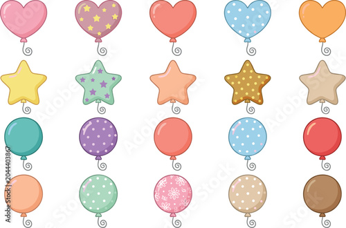 Cute balloon icon vector collection featuring pastel heart star and round shapes with patterns for birthday party celebration and nursery decoration design.