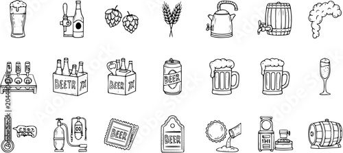 Obraz na płótnie Black and White Line Art Icons of Beer Making and Drinking Elements, Brewery Equ