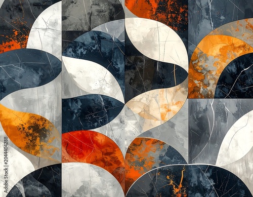 A geometric pattern of interconnected orange, white, and dark blue shapes