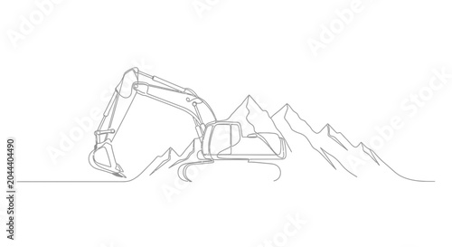 Continuous line drawing of an excavator in a mountainous landscape