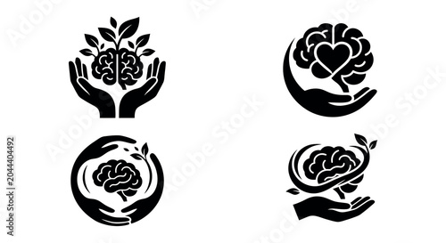 Tableau sur toile Brain And Plant Silhouettes Within Hands Black Vector Illustration