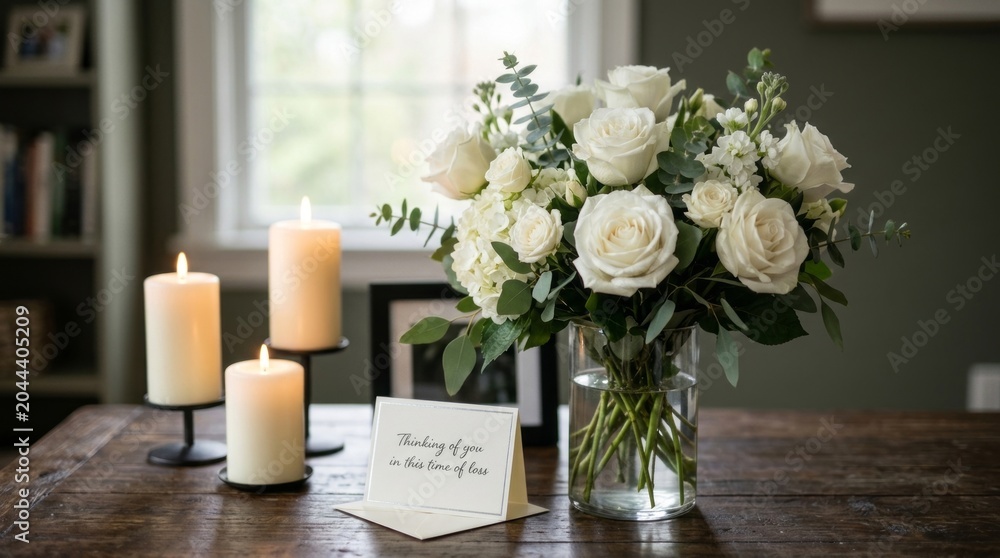 Obraz premium Elegant white rose bouquet and lit candles create a serene atmosphere for a heartfelt message.
