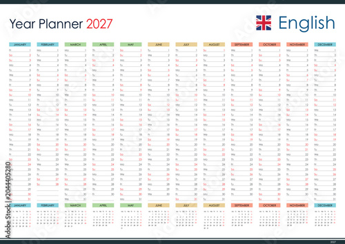 Фотография English 2027 yearly planner calendar template with twelve months grid layout