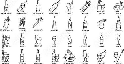 Bild auf Leinwand Black and White Line Art Icons of Wine Bottles and Glasses, Diverse Grape Variet