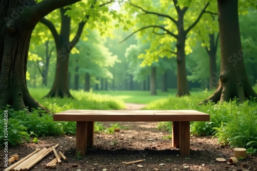 Serene wooden bench rests in a sun-dappled forest clearing, surrounded by lush green foliage and tranquil atmosphere