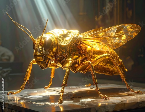 A golden insect sculpture with intricate details on a metallic surface