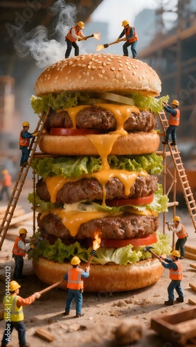 Tiny Miniature Construction Workers Building a Giant, Dripping Mega Cheeseburger in a Surreal Conceptual Scene