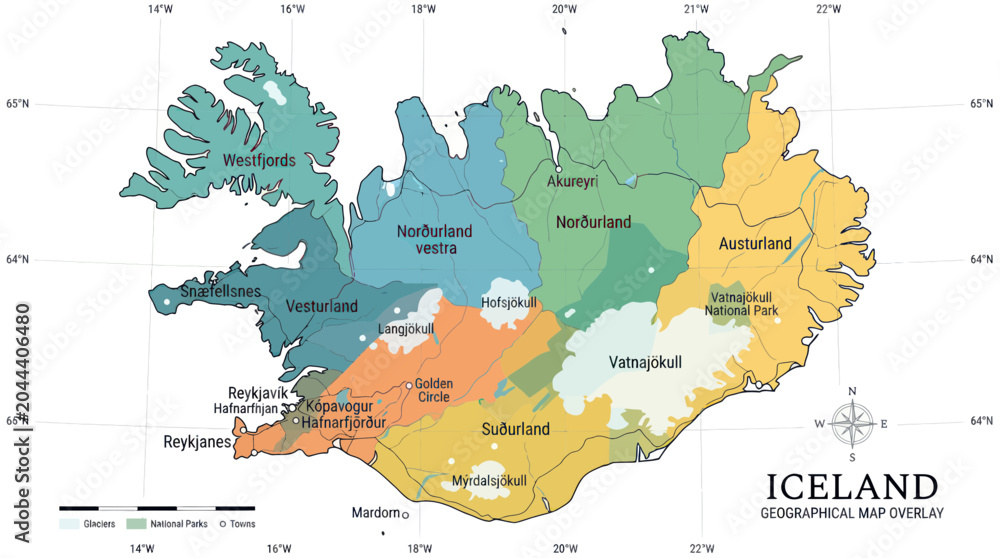 Fototapeta premium Iceland Geographical Map Overlay: Regions, National Parks, Cities