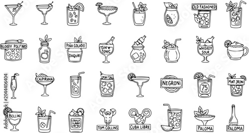 Фотография Cocktail Drinks Icon Set: Hand-Drawn Black  White Line Art Alcoholic Beverage Illustrations