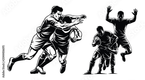 Rugby players tackling and running with ball in action