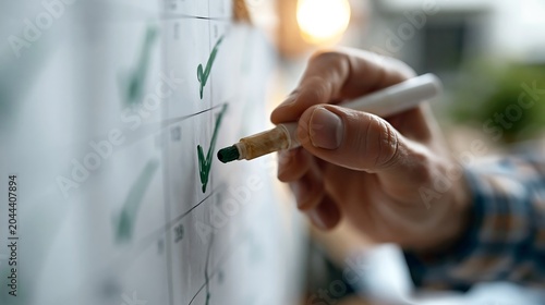 Hand marking completed tasks on a checklist calendar with a green marker, illustrating ADHD habit tracking, productivity improvement, goal achievement and personal organization