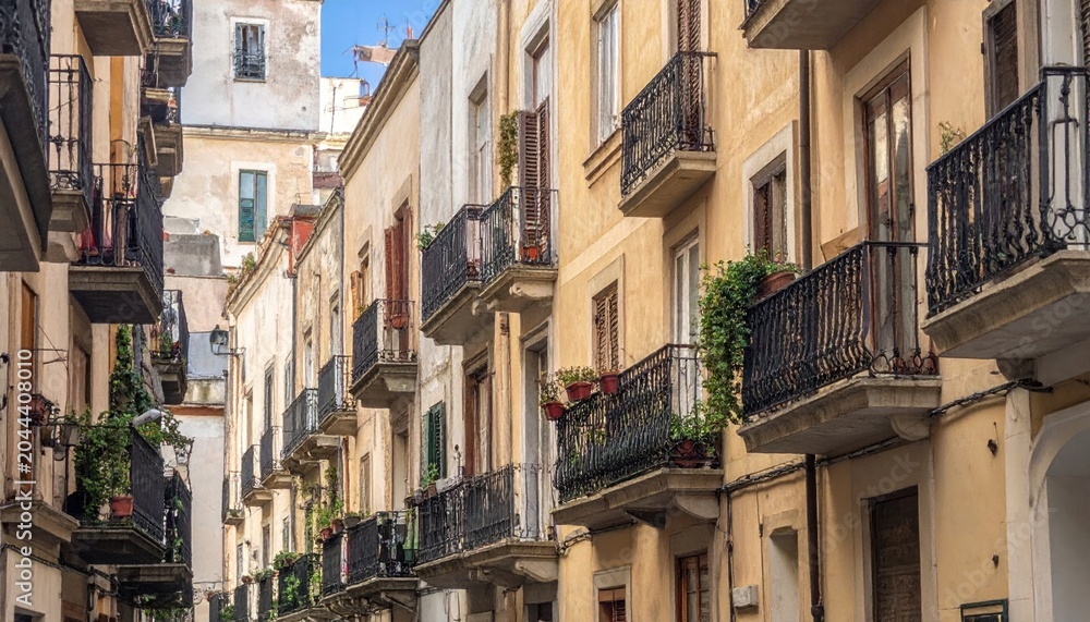 Fototapeta premium Narrow historic European street with ornate wrought iron balconies