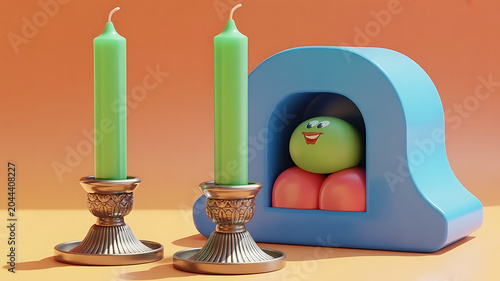 Two tall green taper candles in ornate silver candlesticks, isolated on transparent background 