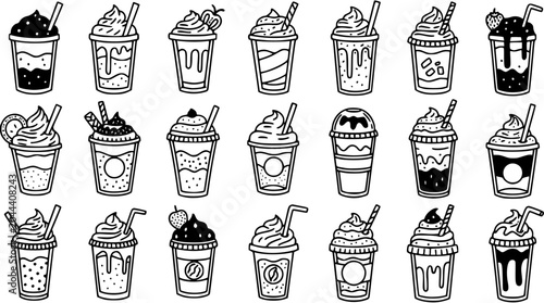 Konstfotografi Hand-drawn Black and White Line Art Cold Beverages and Milkshakes Doodle Set