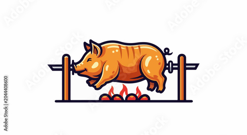 A pig is roasting on a spit over an open flame