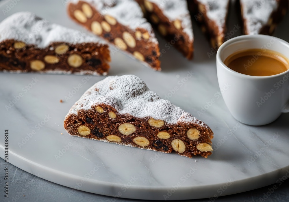 Naklejka premium Slices of panforte italian fruit and nut cake with espresso