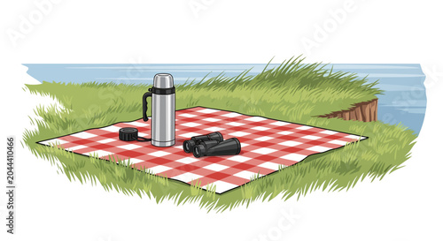 Canvas Print Cozy outdoor picnic with thermos and binoculars on red checkered blanket by lake