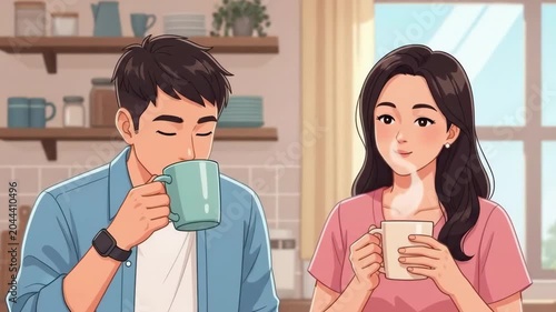A young couple enjoying warm cups of coffee together in a cozy kitchen space
