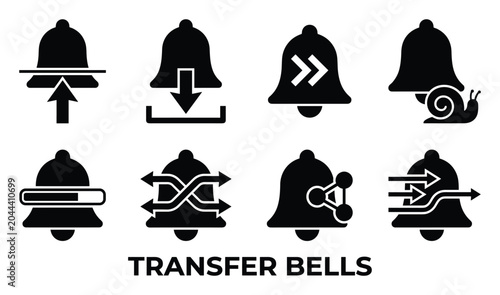 Transfer bell notification icons set incoming outgoing data alerts transfer speed.