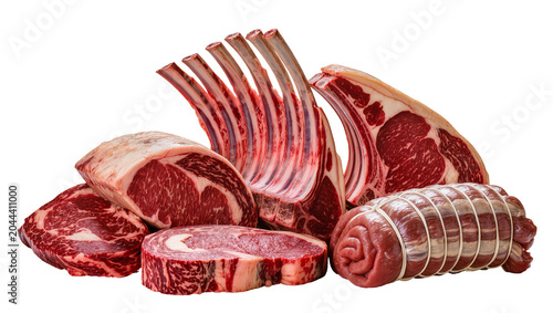 Photos Assortment of Raw Beef Cuts Ribeye Rack of Lamb Roast, and Rolled Meat