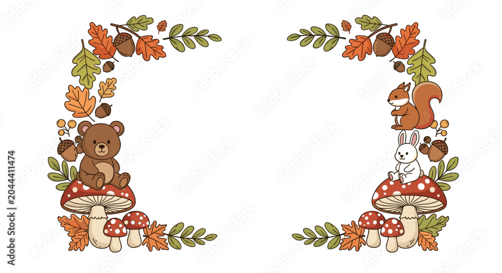 Fototapeta premium Autumnal decorative frame features a cute bear, squirrel, and rabbit among mushrooms and colorful fallen leaves on a white background.