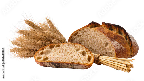 Artisan sourdough bread slices with wheat stalks