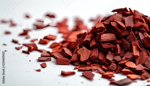 Pile of red wood shavings scattered on a white surface