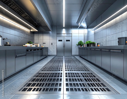 Shiny, modern professional kitchen with stainless steel