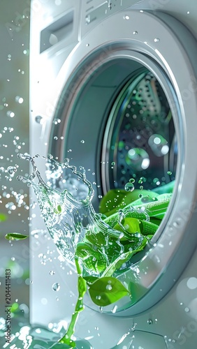 Washer with exploding water and green foliage inside