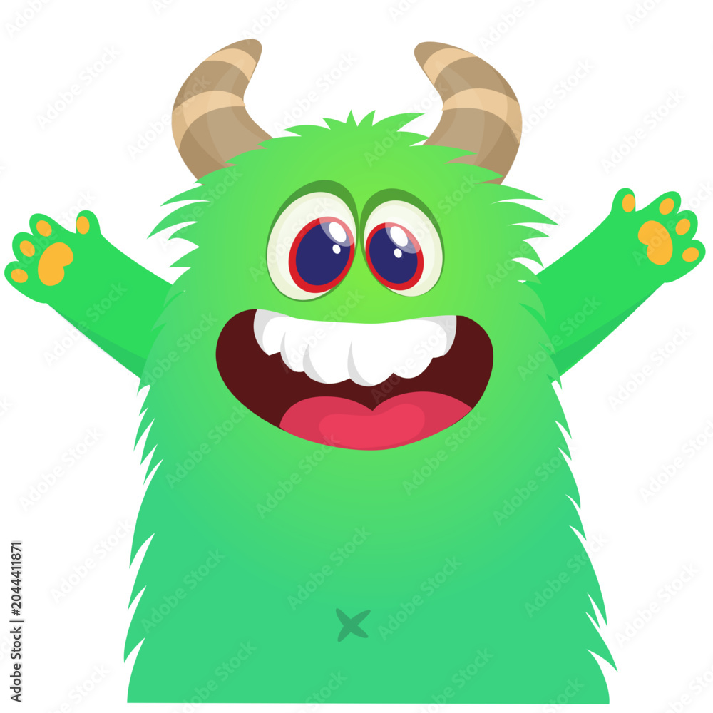 Fototapeta premium Cartoon cute and funny monster with scary face expression waving hands . Vector illustration isolated on white. For Halloween party decoration or package design