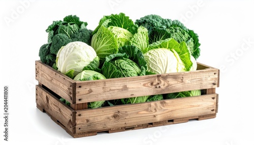 Assortment of fresh cabbages and greens in a wooden crate