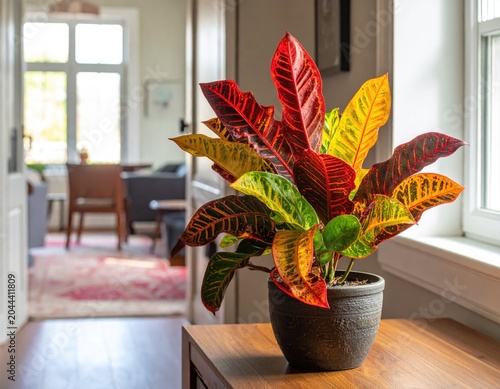 Vibrant, colorful plant decorates a warm indoor scene