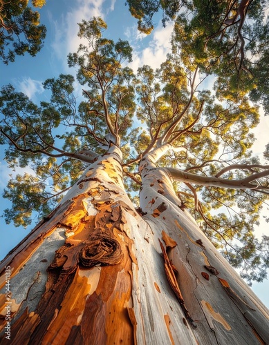 Tall trees reach for the sky under a bright blue sky