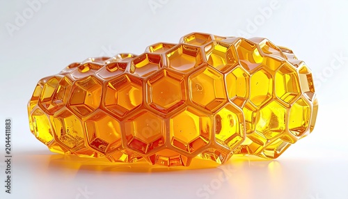 Amber honeycomb structure on a white surface, close up