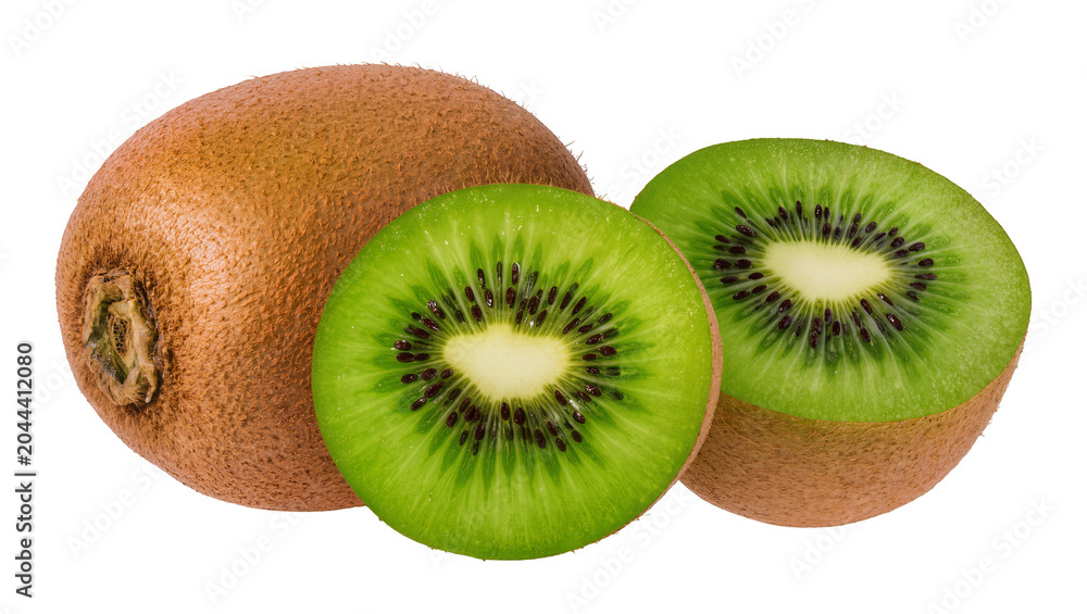 Αυτοκόλλητο Whole and sliced kiwi fruits with vibrant green flesh and black seeds