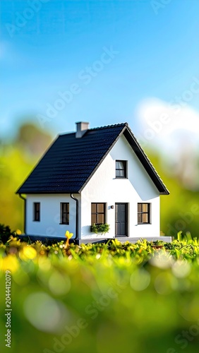 Tiny white house in vibrant green grass, blue sky