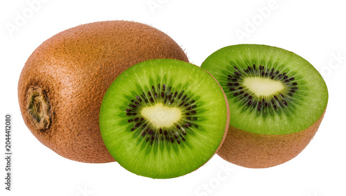 Photos Whole and sliced kiwi fruits with vibrant green flesh and black seeds
