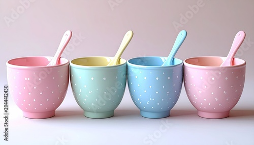 Pastel-colored bowls and spoons arranged in a row