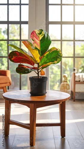 Potted plant with colorful leaves sits on a table