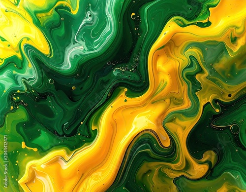 Swirling emerald and golden paints create abstract art