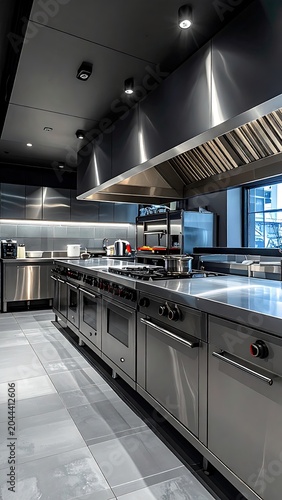 Sleek stainless steel industrial kitchen, clean and modern