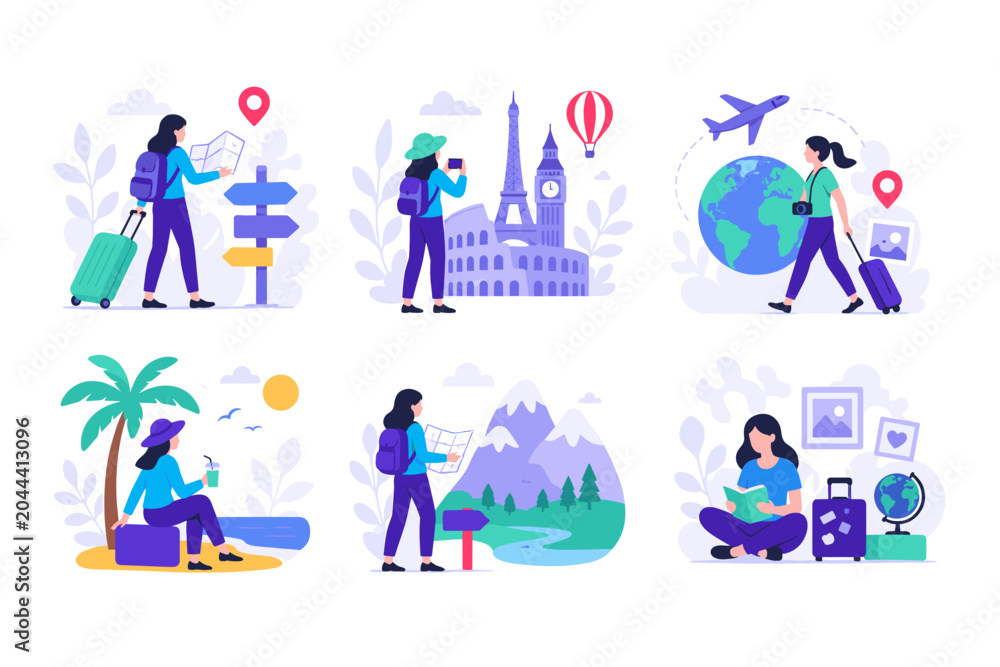 Fototapeta premium Flat Design Travel and Adventure Illustration Collection Featuring Tourism, Navigation, Exploration, Vacation Planning and Digital Nomad Lifestyle