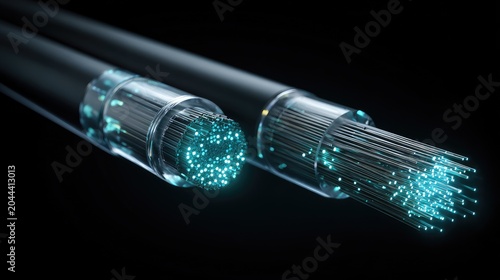 Close-up of illuminated fiber optic cables against a dark background