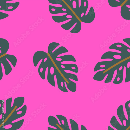 Monstera leaf, seamless pattern. Endless tropical background with green summe...