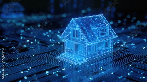 Digital blueprint of a house glowing on a circuit board