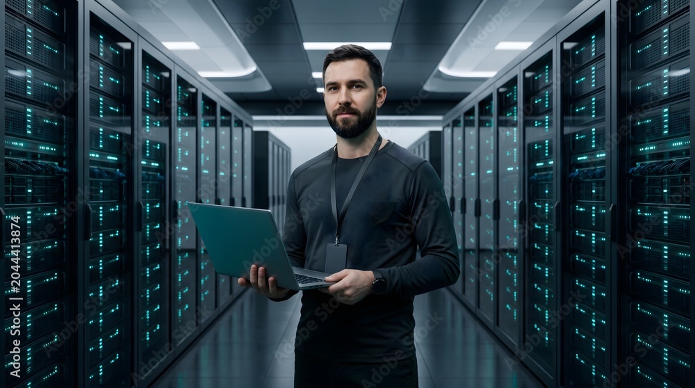 Fototapeta premium IT specialist engineer holding laptop in server room data center with digital indicator lights commercial technology abstract concept