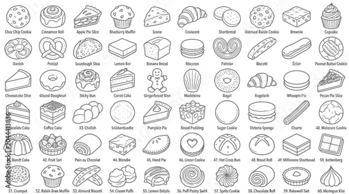 Foto Collection of Hand-Drawn Bakery and Pastry Illustrations with Labels