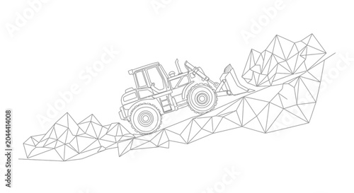 Front loader vehicle on abstract geometric terrain, construction, heavy machinery, engineering concept