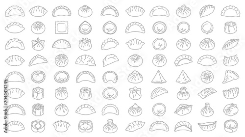 Photos Collection of various types of dumplings and dim sum in a simple outline drawing style